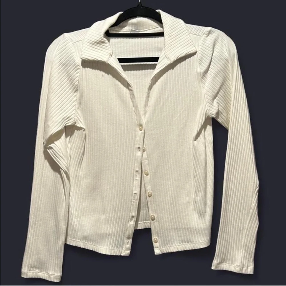White Ribbed Button-Up Cardigan - Picture 1 of 1